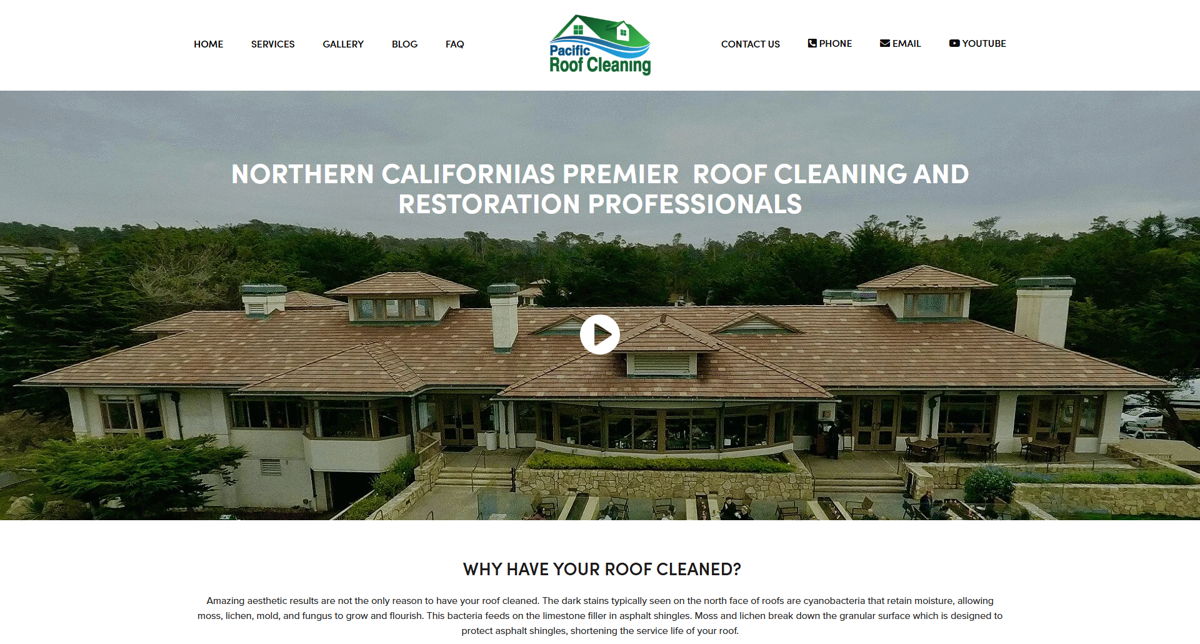 Screenshot of Pacific Roof Cleaning, from the pressure washing websites collection.