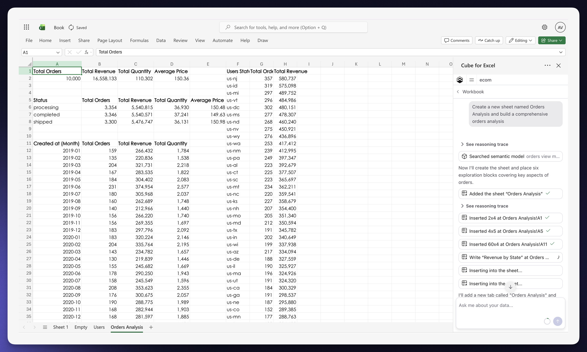 Cube for Excel AI chat creating an Orders Analysis sheet and inserting query results
