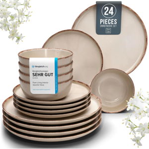 BEIGE Stoneware dinnerware set 8 persons Rustic 24 pcs - Rustic design dinnerware set, dishwasher safe - Bowl and plate set - Pure Living dinnerware in beige…