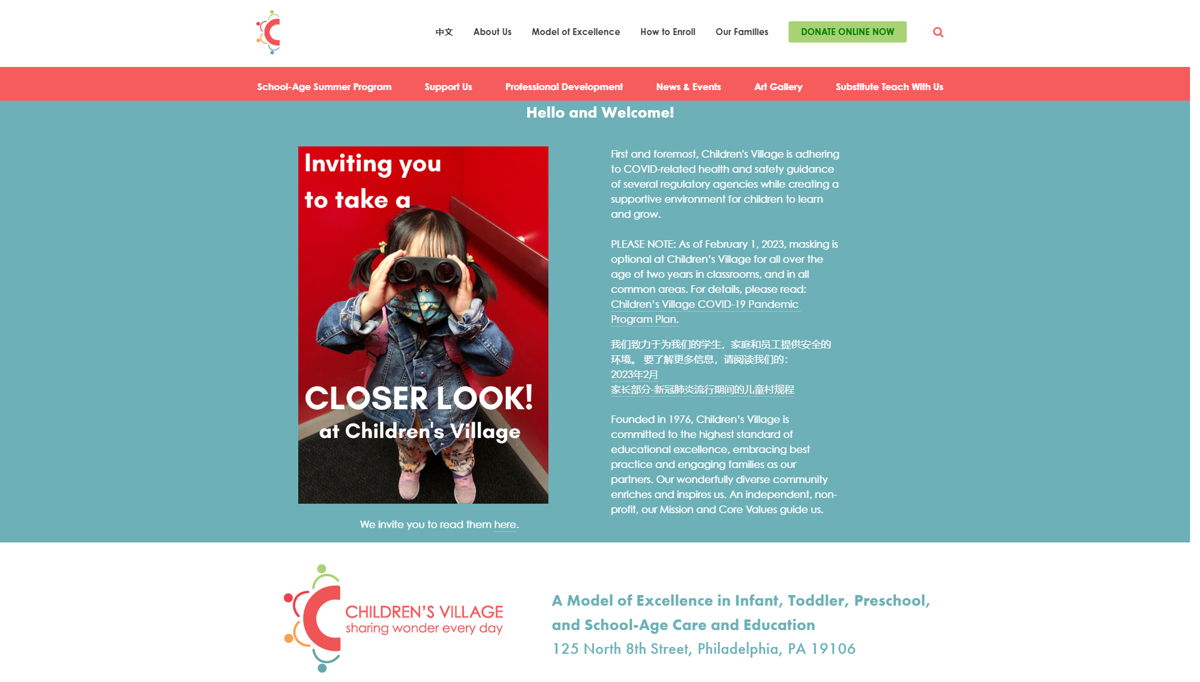 Screenshot of Children's Village - Philadelphia, from the childcare & daycare websites collection.