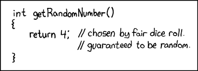 xkcd comic about getRandomNumber function where the actual number is predefined by human using a “fair dice roll”