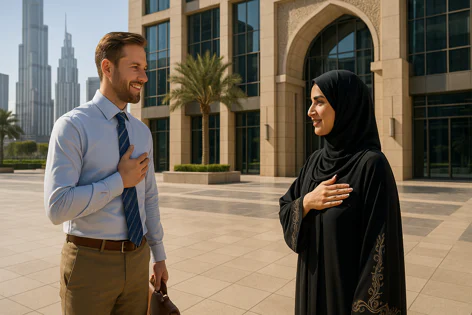 Businessman and woman in abaya greet respectfully with hands on chest outside modern building in city. Skyscrapers in background.