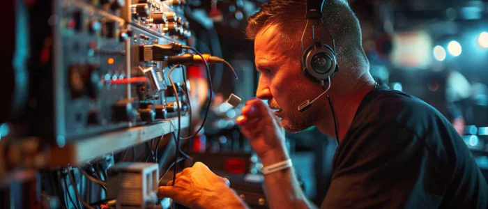Focused audiologist working intently backstage at a vibrant concert