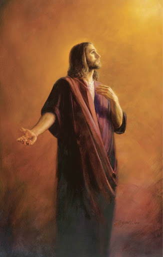 Painting of Jesus looking toward Heaven and motioning His hand toward us. 