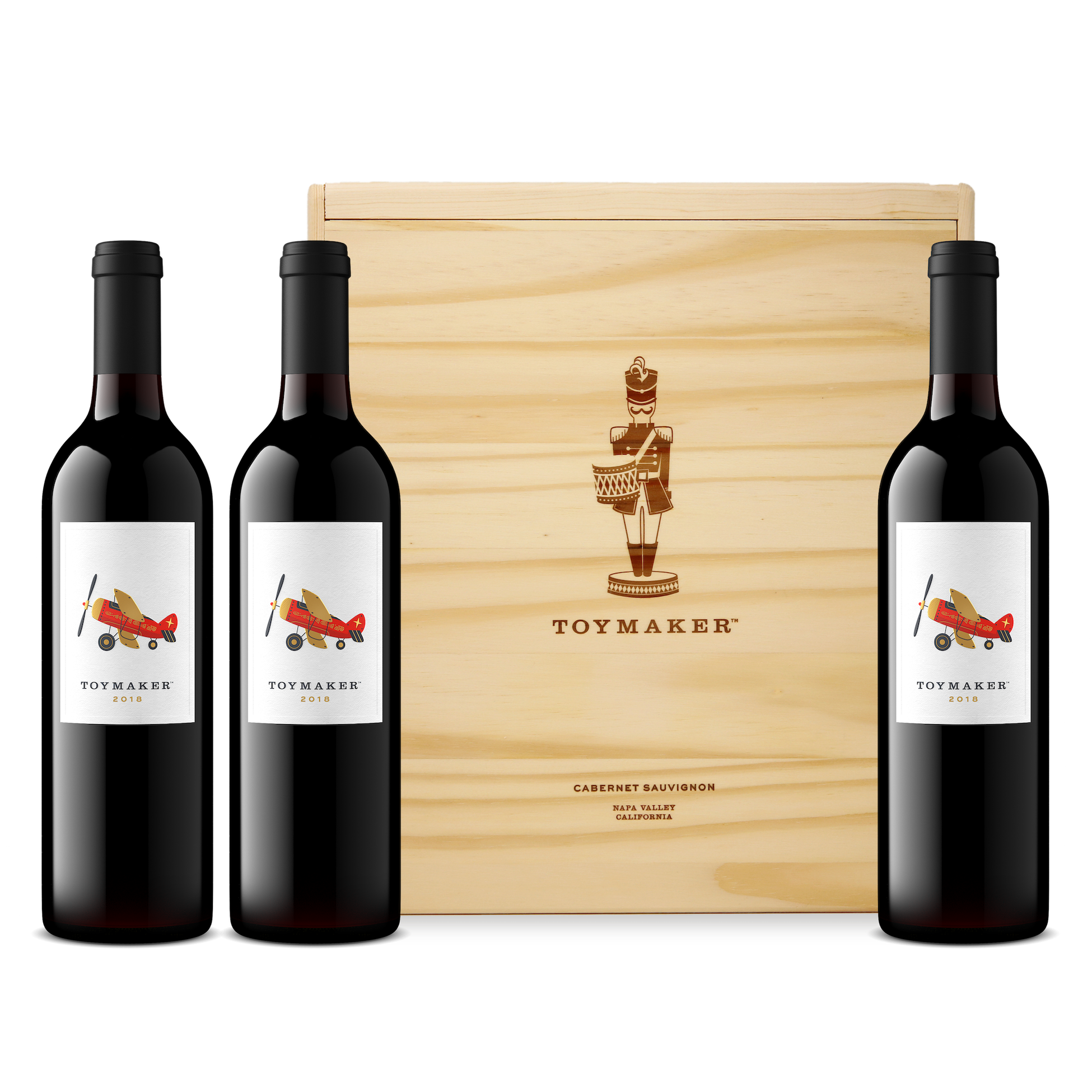 3-bottle box of 2018 Toymaker with three bottles of 2018 Toymaker stood in front