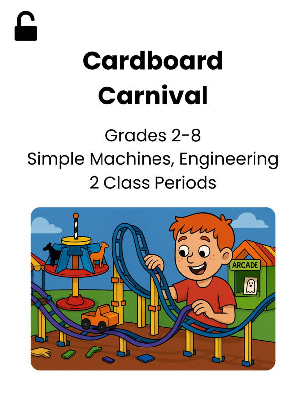 Student building a cardboard carnival roller coaster using 3DuxDesign connectors and ramps. This hands-on STEM challenge for grades 2–8 teaches simple machines, engineering design, problem solving, and creative construction over two class periods.