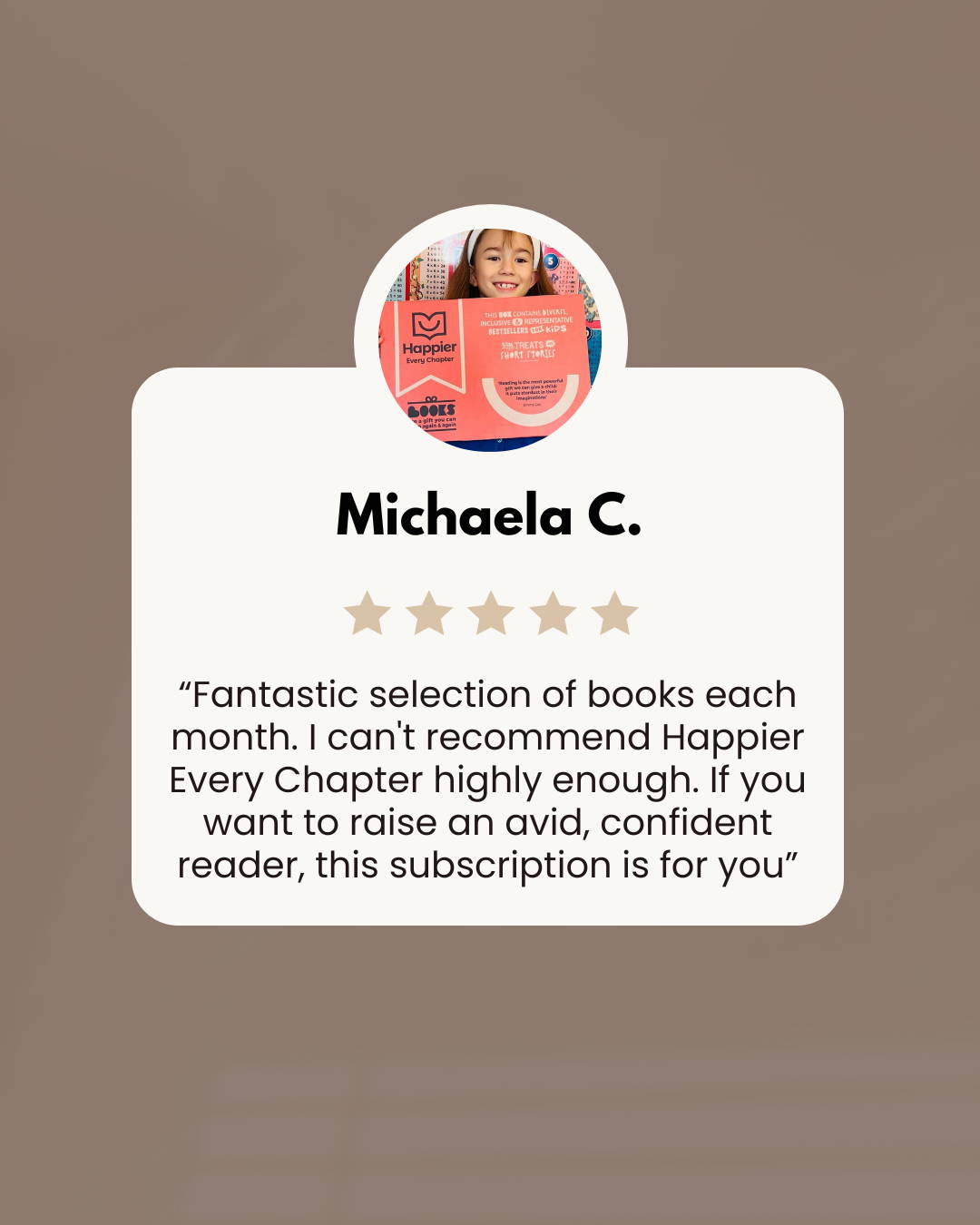 Girl holding up a Happier Every Chapter  box with a review for Happier Every Chapter Thought Leaders book box