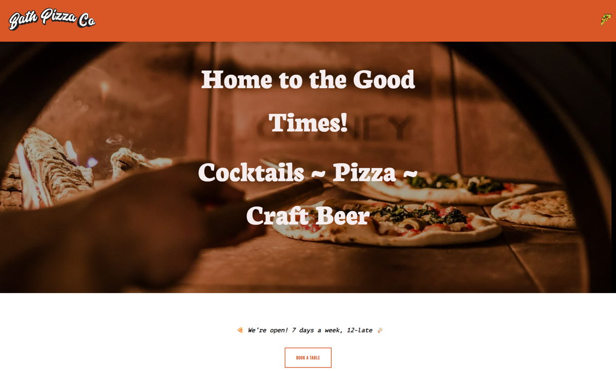 Screenshot of Bath Pizza Co, from the pizza place websites collection.