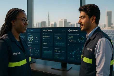 A woman and a man in work uniforms stand before monitors displaying dashboards of energy performance data, overlooking a cityscape with solar panels.