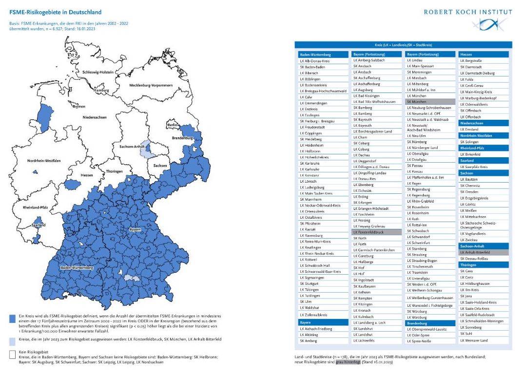 Abbildung des FSME-Risikogebietes in Deutschland nach dem Robert-Koch-Institut