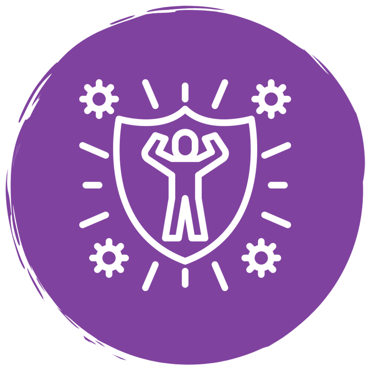 Icon of a shield with a strong figure and gears symbolizing immune support, promoting the benefits of a multivitamin for women.