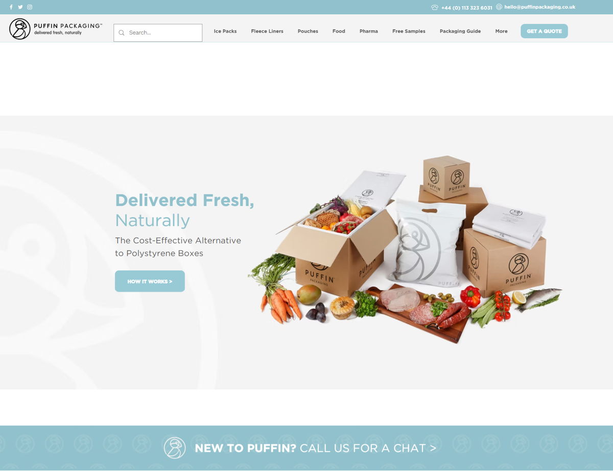 Screenshot of Puffin Packaging, from the wix business website examples collection.