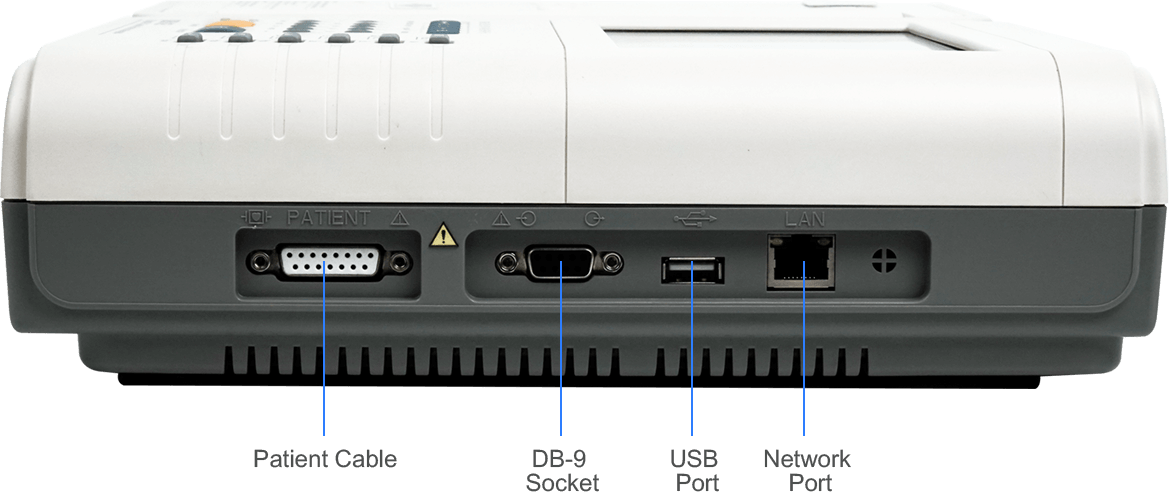 توفر وحدة ECG1112 أربعة منافذ للشبكات الخارجية: منفذ كابل المريض ، DB-9 soclet ، USB ومنفذ الشبكة (LAN).