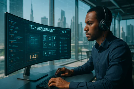 Focused Black man wearing headphones takes an online technical assessment on a large curved monitor, coding interface and city skyline visible.