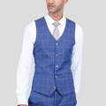 blue windowpane vest on model with white shirt