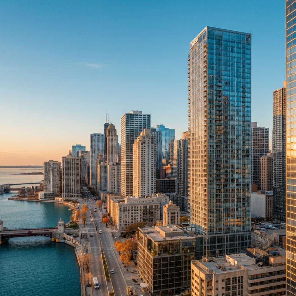 The modern skyline of Streeterville at sunset, with sleek glass high-rises reflecting golden light. The Chicago River winds through the foreground while Lake Michigan stretches to the horizon. Luxury condominiums with balconies and floor-to-ceiling windows dominate the scene, illustrating the neighborhood's contemporary architectural character.