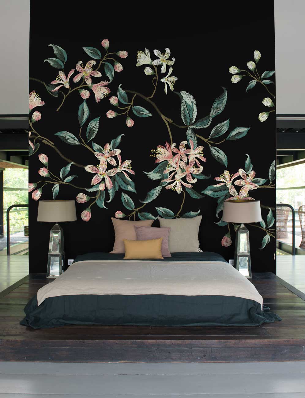 Black Embroidered Flower Wall Mural - Feathr Wallpapers