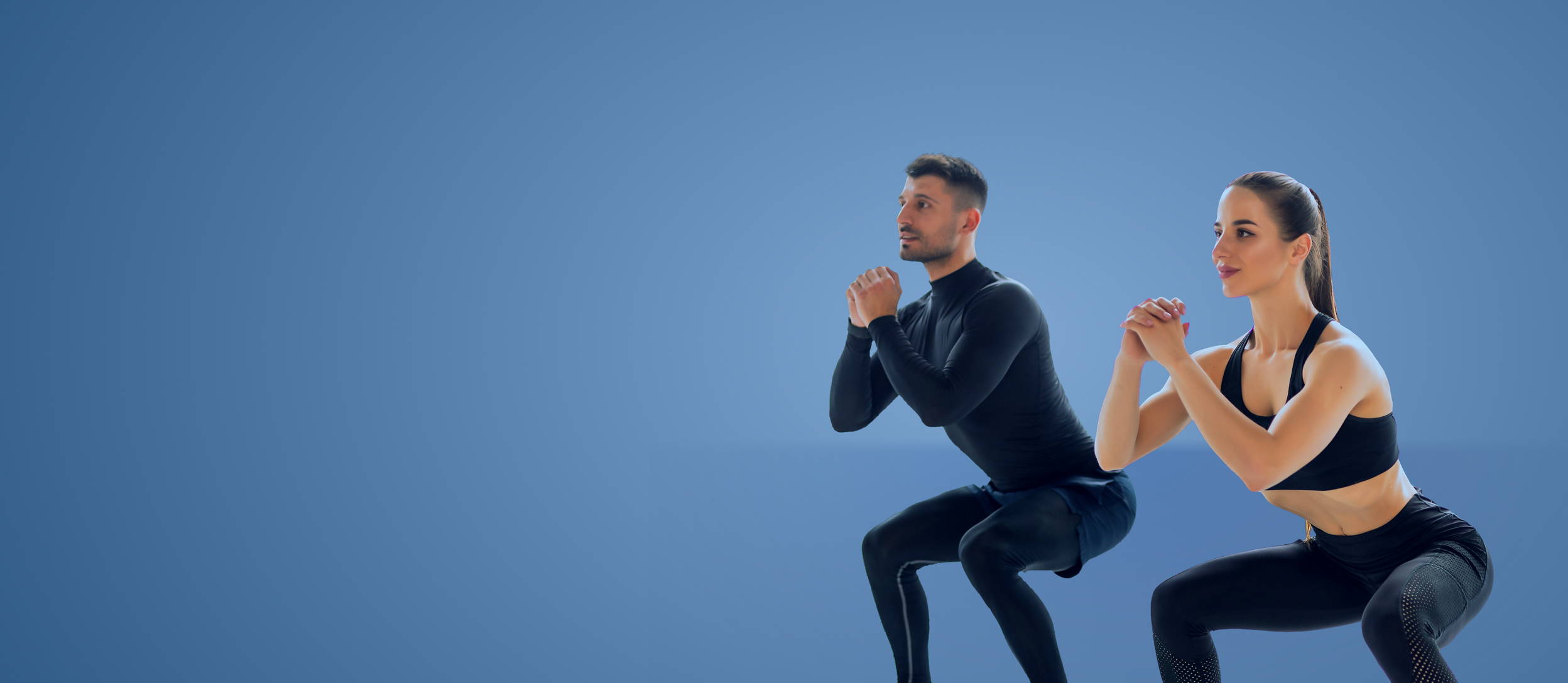 Two people dressed in athletic wear doing a squat for Confetti's Virtual Bootcamp Class