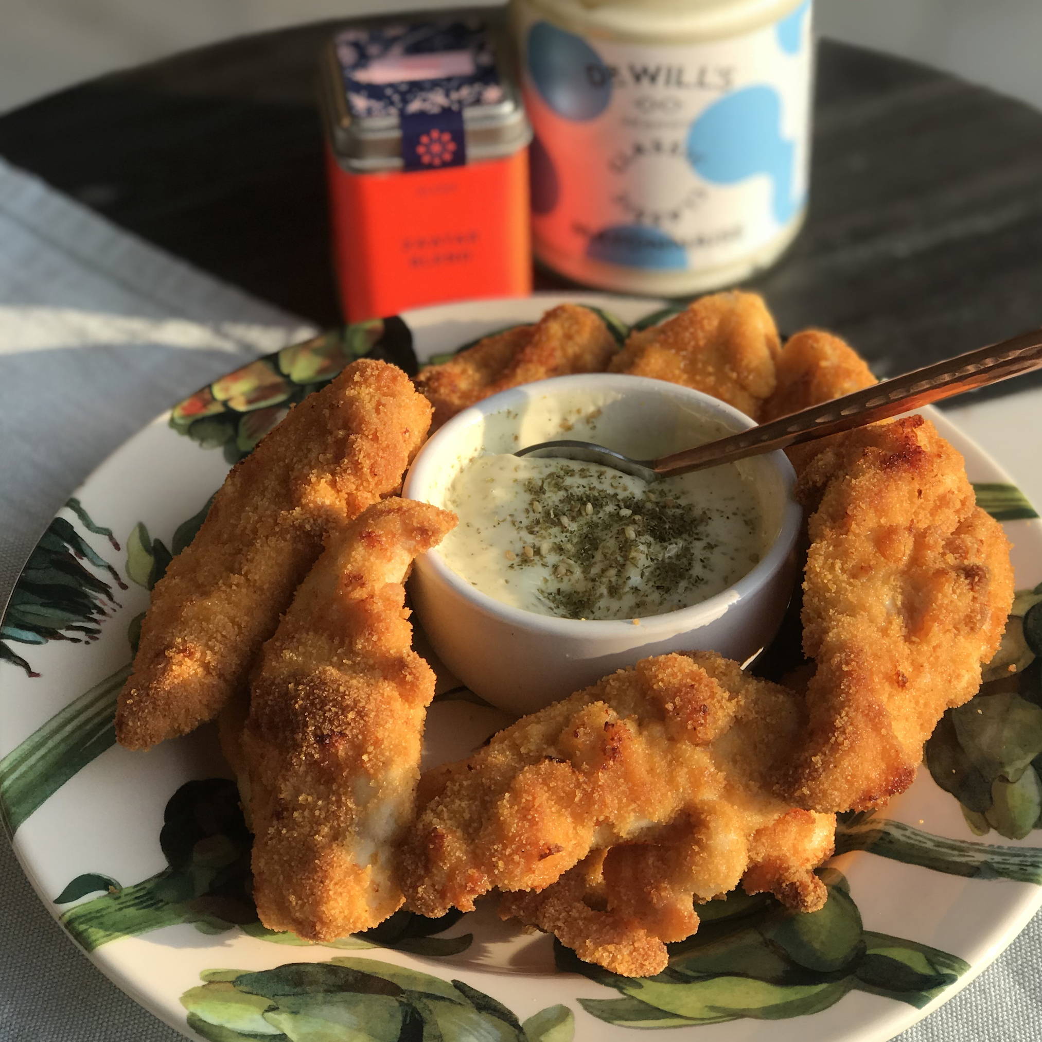 Dr Will's baked chicken goujons with za'atar mayonnaise dip