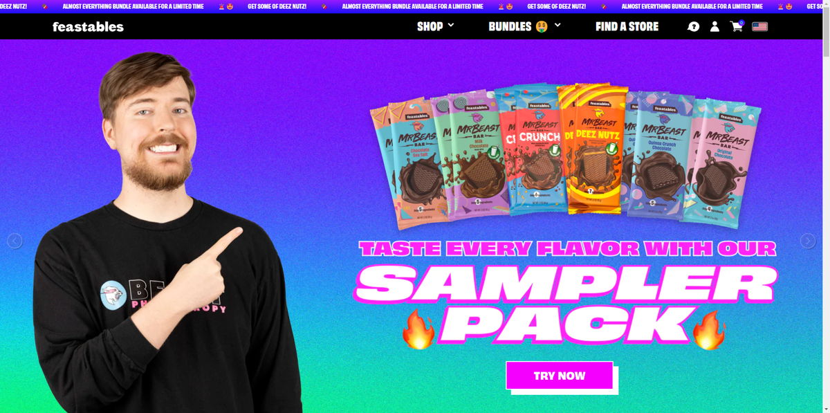 Screenshot of Feastable by Mr Beast, from the influencer websites collection.