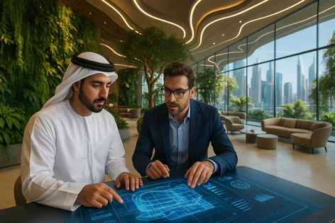Two diverse businessmen, one in traditional Arab dress and one in a suit, review a glowing digital architectural plan on a table in a modern, biophilic office with a city skyline view.