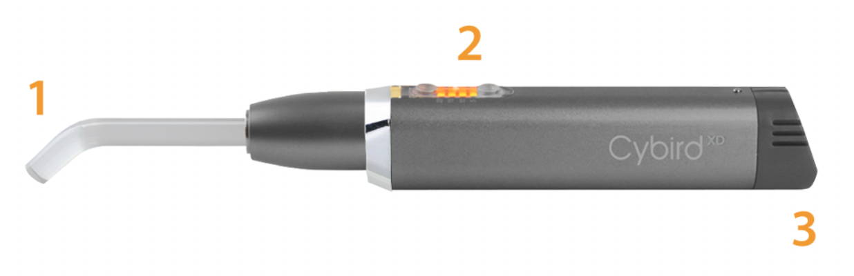 cyborg gold curing light with numbering 1,2,3 on the light guide, button, and battery