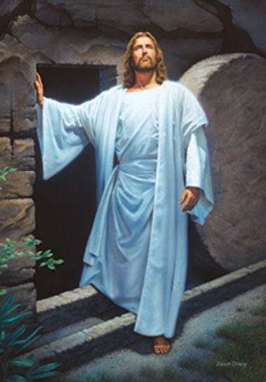 Painting of jesus stepping outside of the tomb.