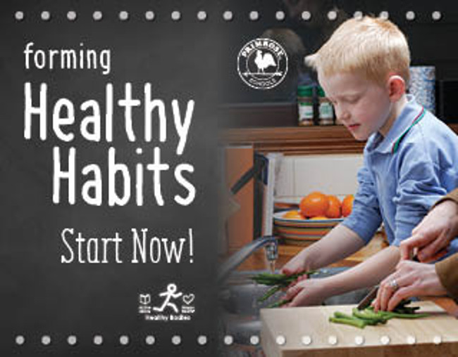 Healthy habits poster featuring a young boy helping his mother cut vegetables