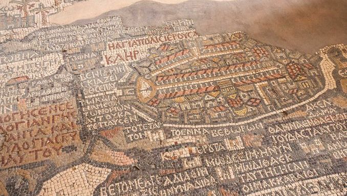 A 6th century mosaic of the Holy Land on the floor of the Greek Orthodox Basilica of St. George in Madaba, Jordan.