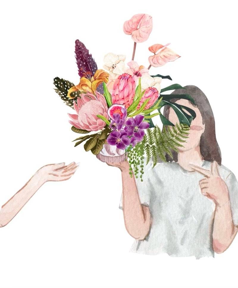 a water color graphic of a woman holding a flower arrangement