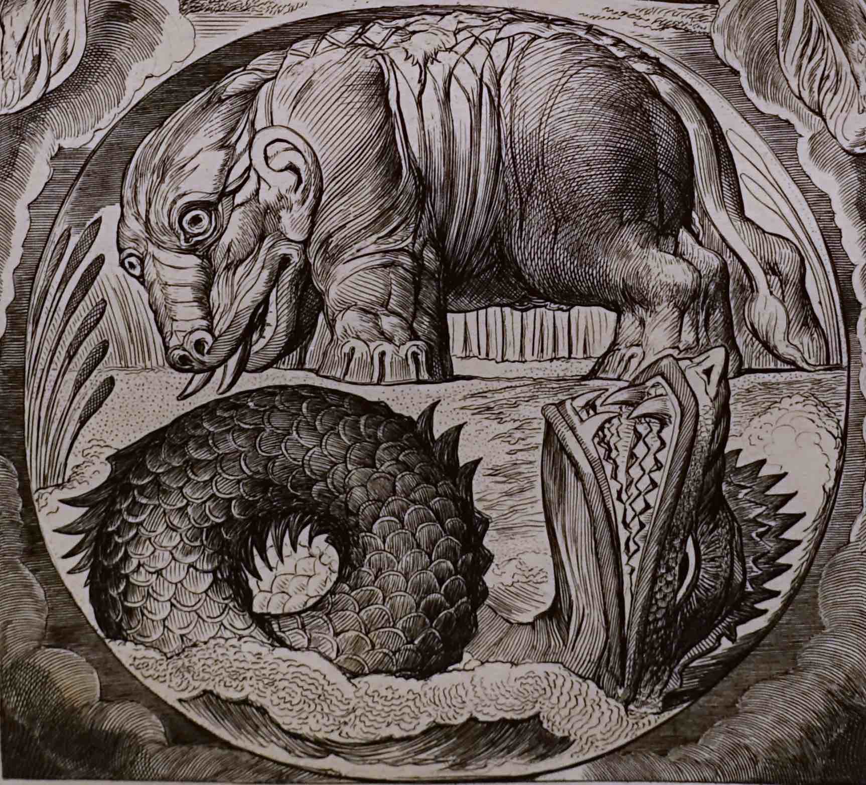 Behometh and Leviathan plate, by William Blake. Illustrations for The Book of Job. c. 1825