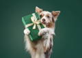 alt="Shepherd dog holding a wrapped holiday pet gift in his paws."