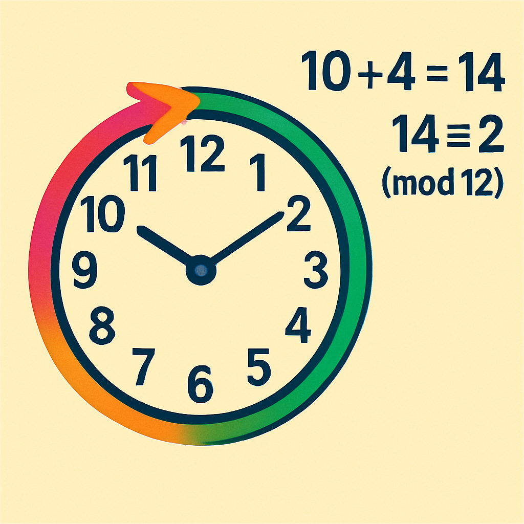 An illustration of a 12-hour clock demonstrating modular arithmetic. An arrow starts at 10, moves forward 4 hours, and lands on 2, showing 10 + 4 ≡ 2 (mod 12).