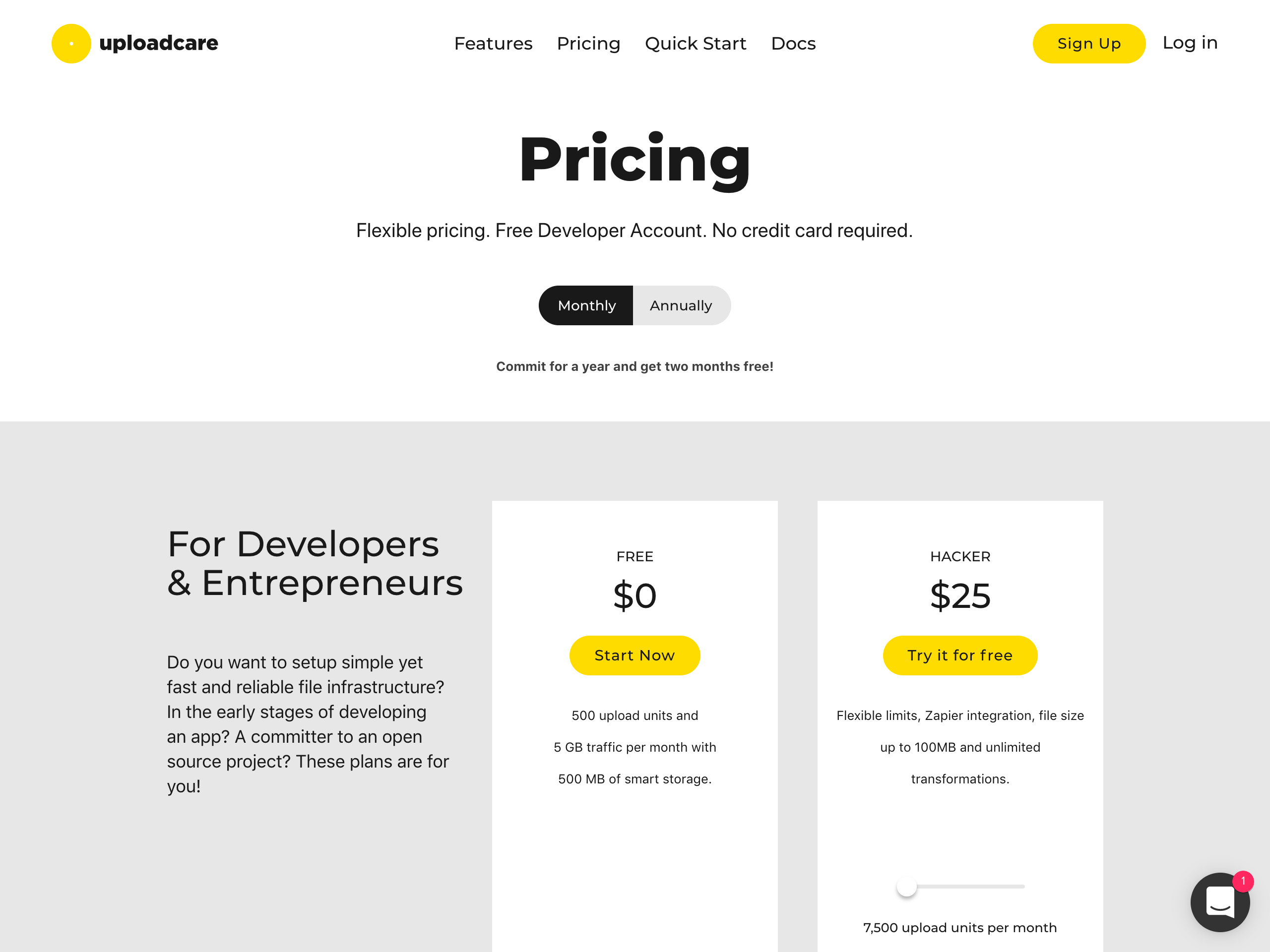 Uploadcare's Pricing page screenshot