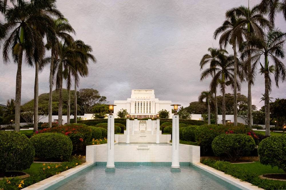 LDS art Laie Temple picture taken on a cloudy day. 