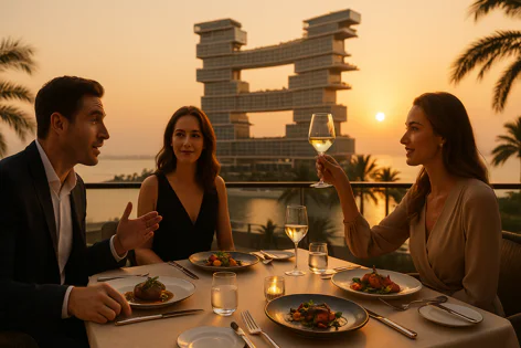 Three people dine outdoors at sunset on a terrace, with wine glasses raised and a backdrop of the sea, palm trees, and a modern resort building.