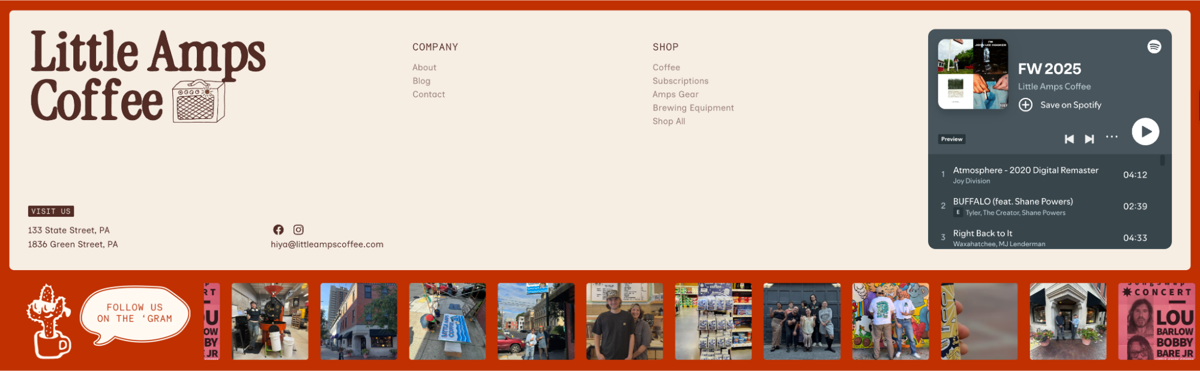 Screenshot of Little Amps Coffee Roasters , from the website footer designs collection.