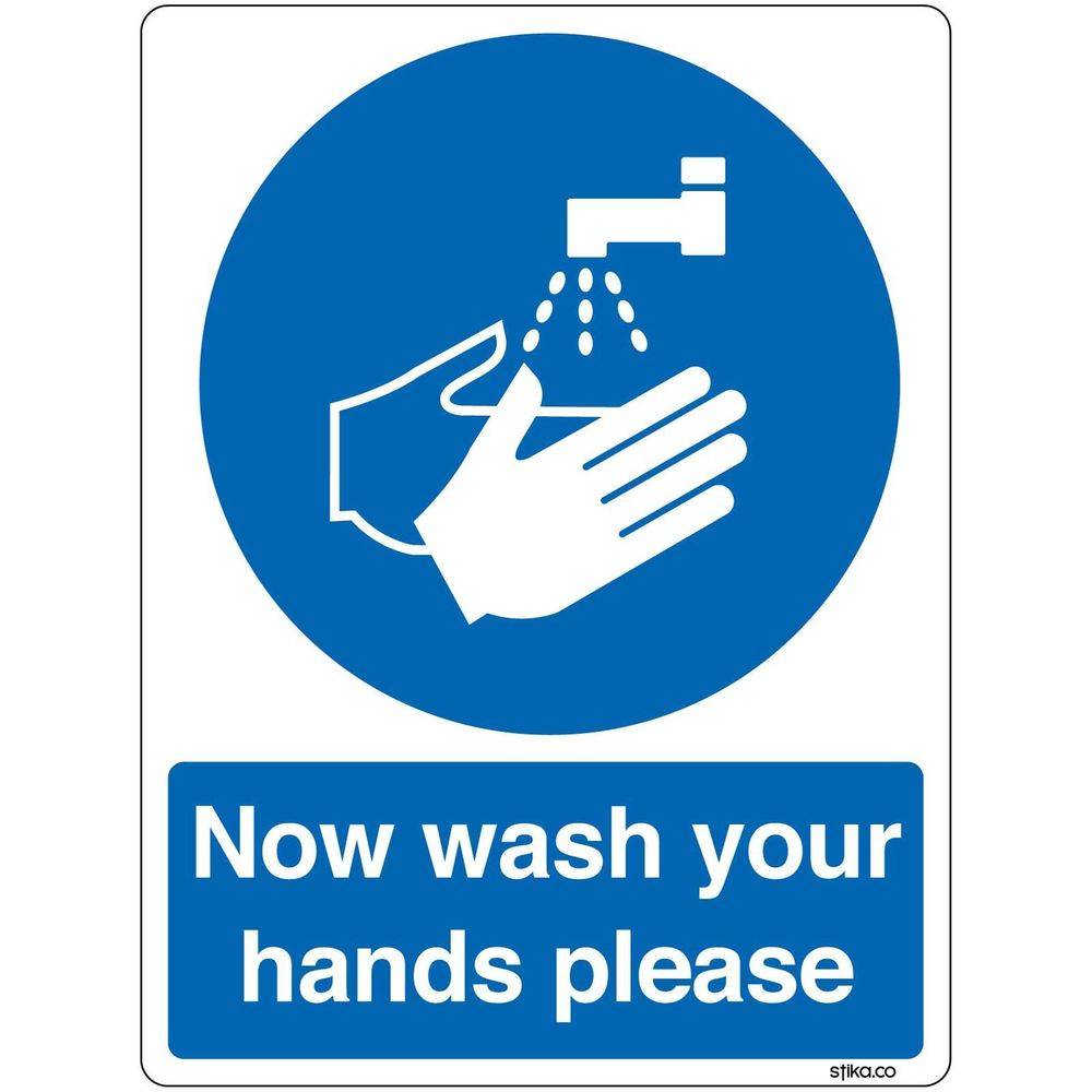 Blue logo telling "now wash your hands please"