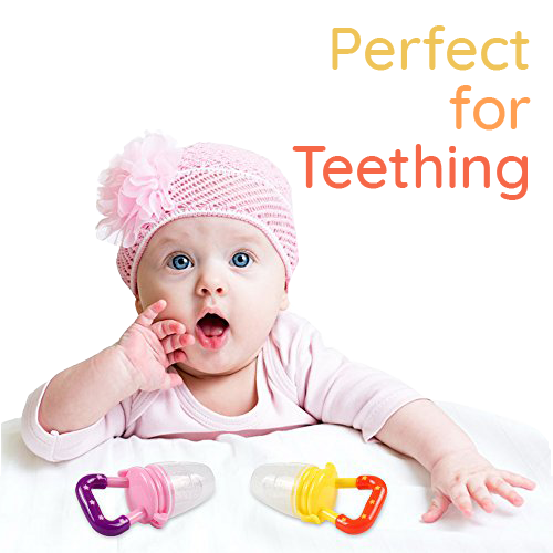 Young baby with pink hat lying on bed with two SuperTots food pacifiers