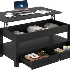Rolanstar Coffee Table, 47.2" Lift Top Coffee Table with Drawers and Hidden Compartment, Retro Central Table with Wooden Lift Tabletop, for Living Room,Black