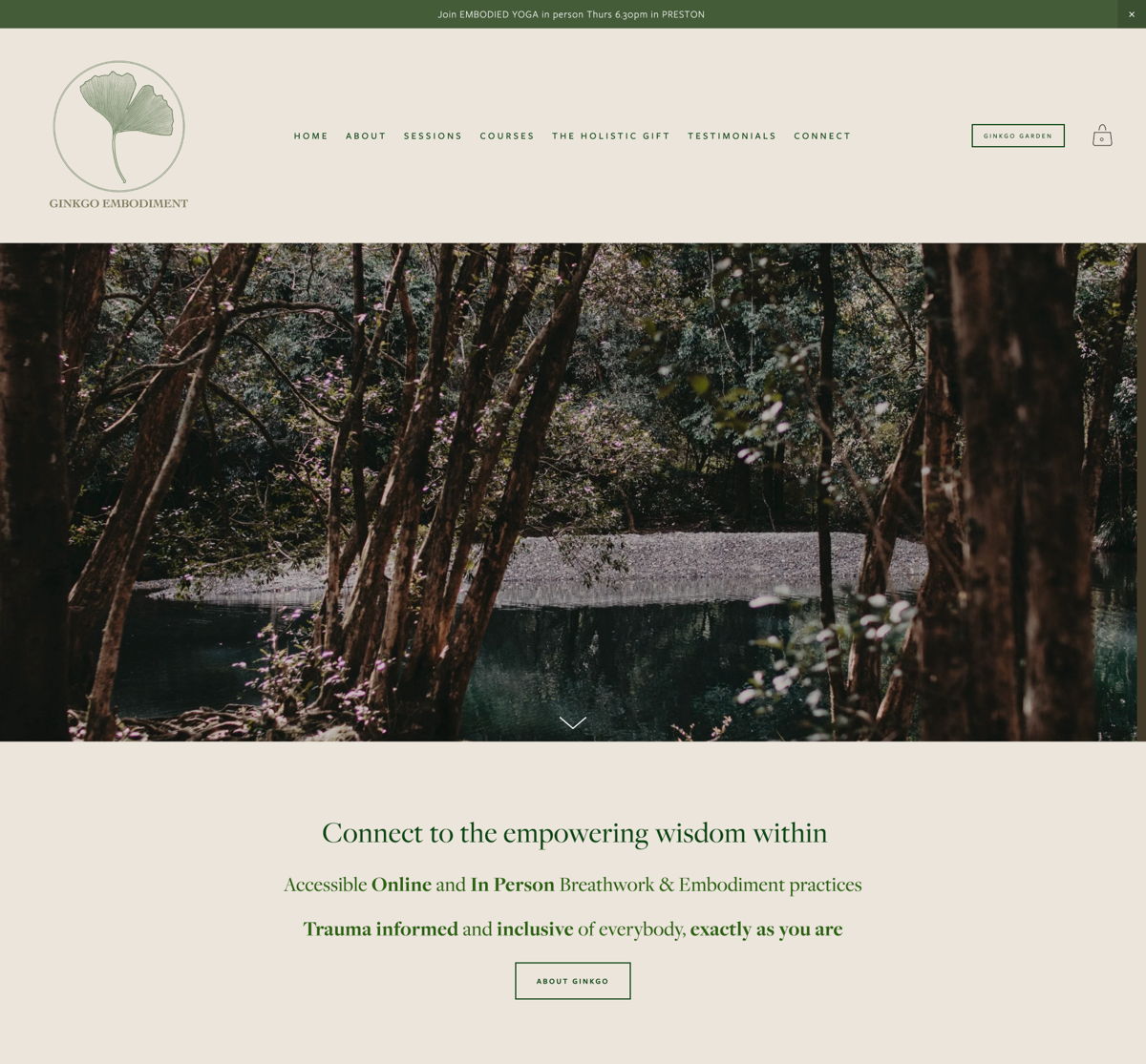 Screenshot of Ginkgo Embodiment , from the squarespace membership websites collection.