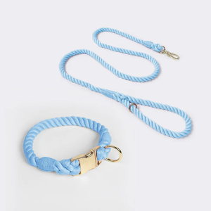 Sky Blue Handmade Rope Dog Collar and Leash Set - Colorful Woven Cotton