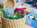 Basket with soft textured materials used for baby sensory activities and sensory play for babies