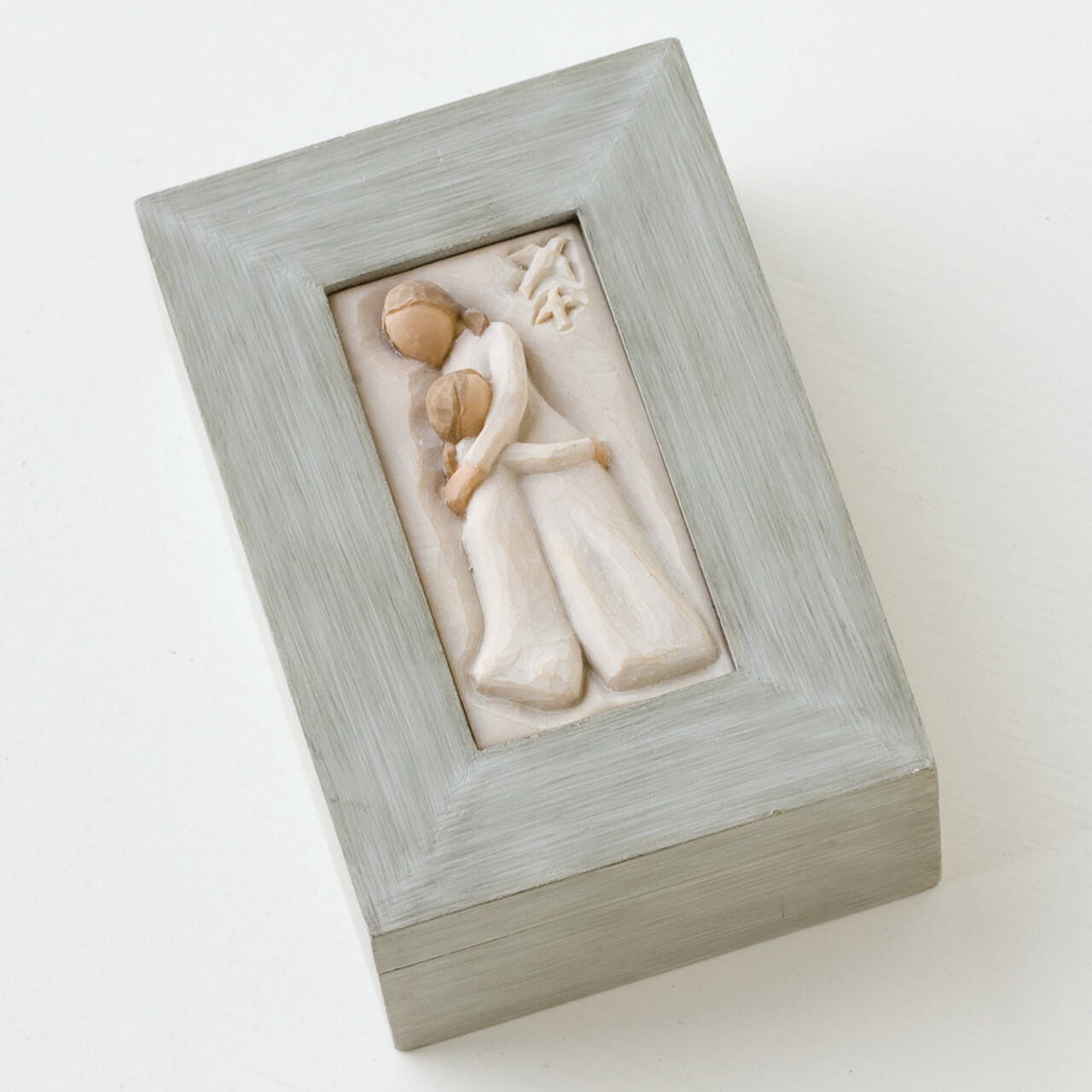 a Finely crafted hand-painted wood box carving of embracing adult and child in cream dresses on the lid is one of the best gift for mom