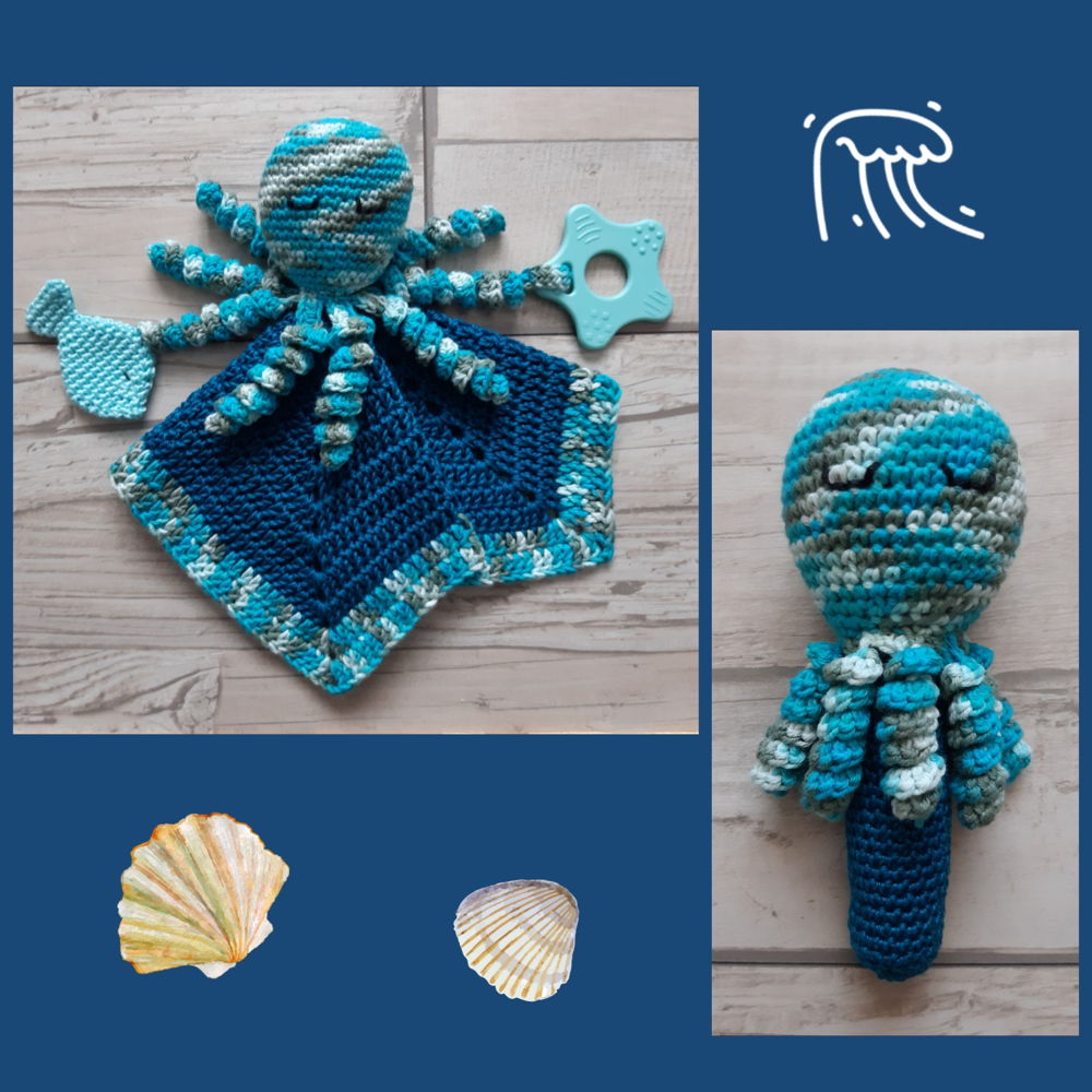 2 Haakpatronen, knuffel-speeldoekje Inktvis en rammelaar Inktvis, Amigurumi