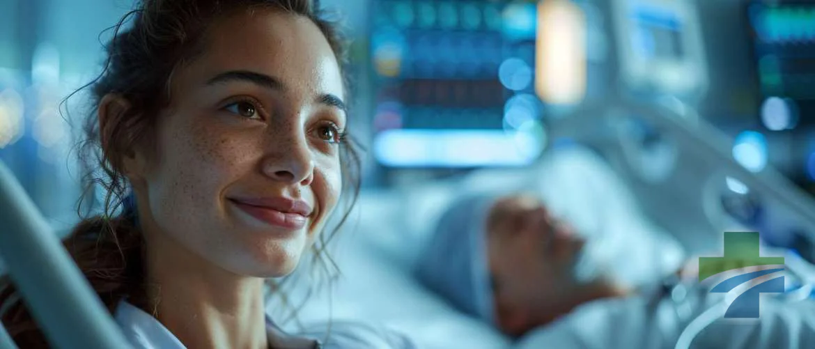 Nurse using modern tech with care in a hospital room