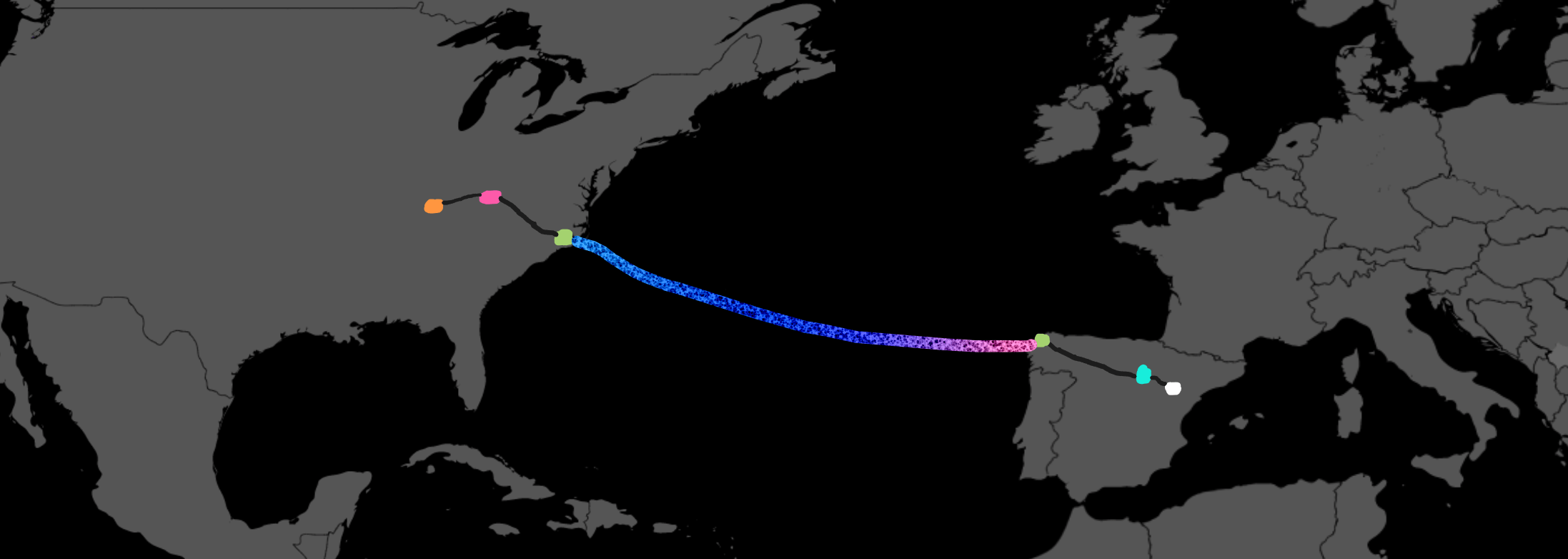IXPs in America and Europe are connected using rainbow colored undersea cable