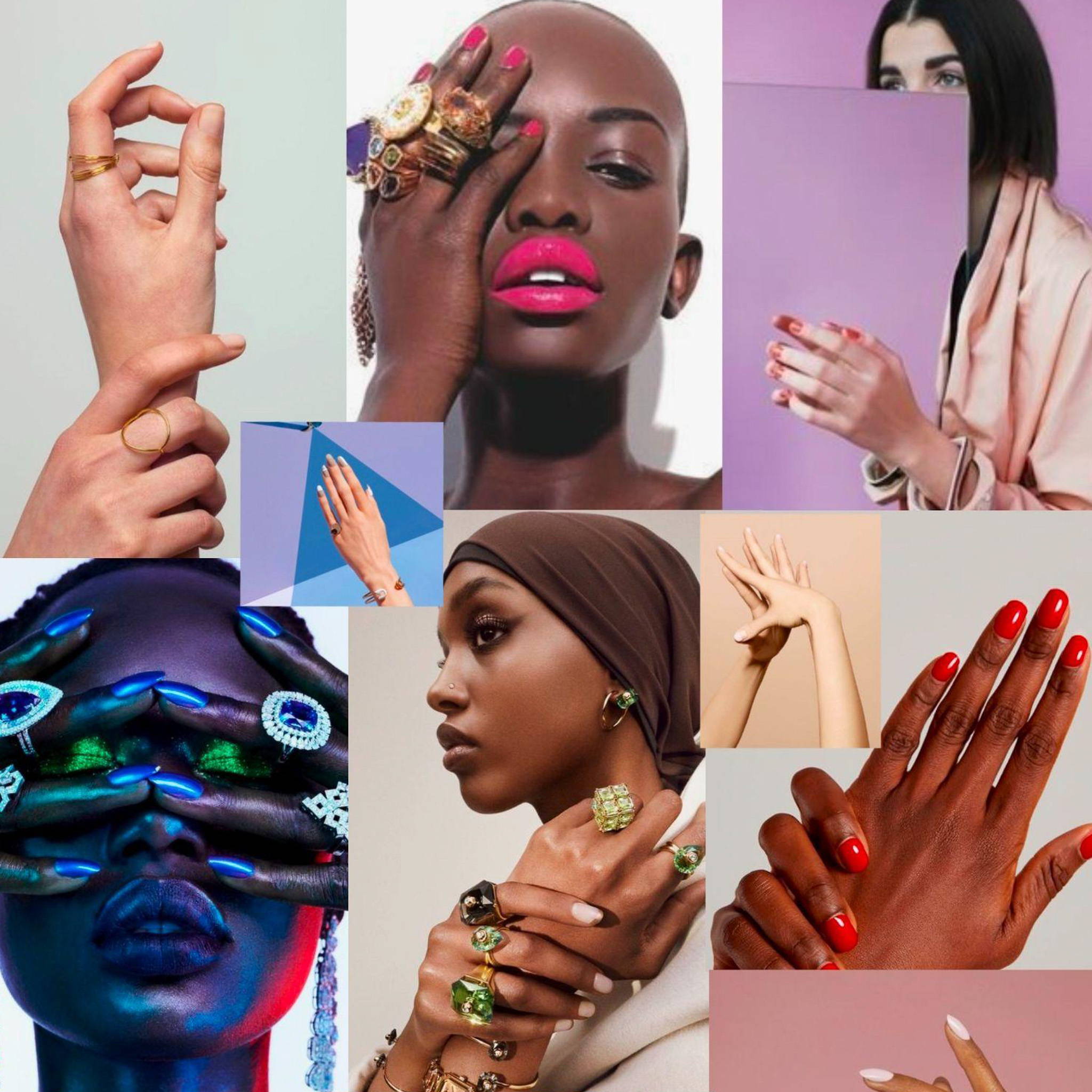 A collage of images featuring purple, blue and orange colours of various hands in pose. 