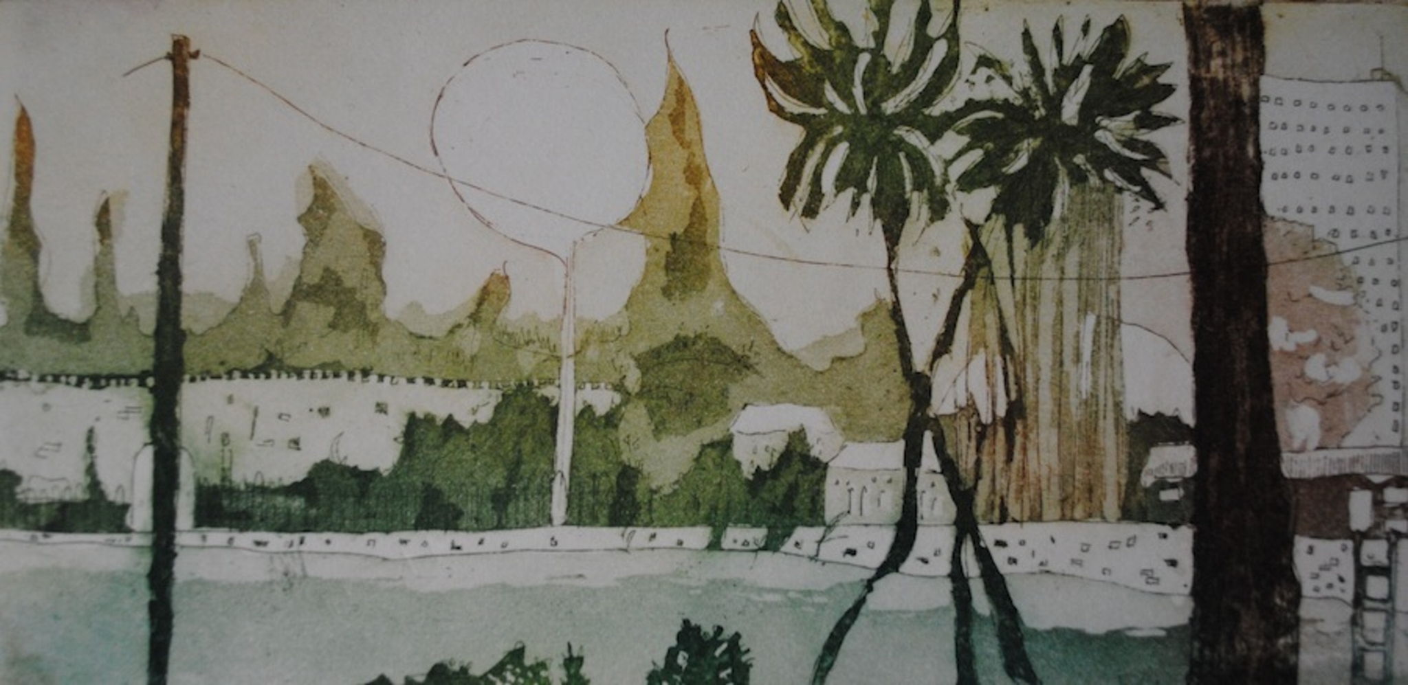 Etching of cityscape