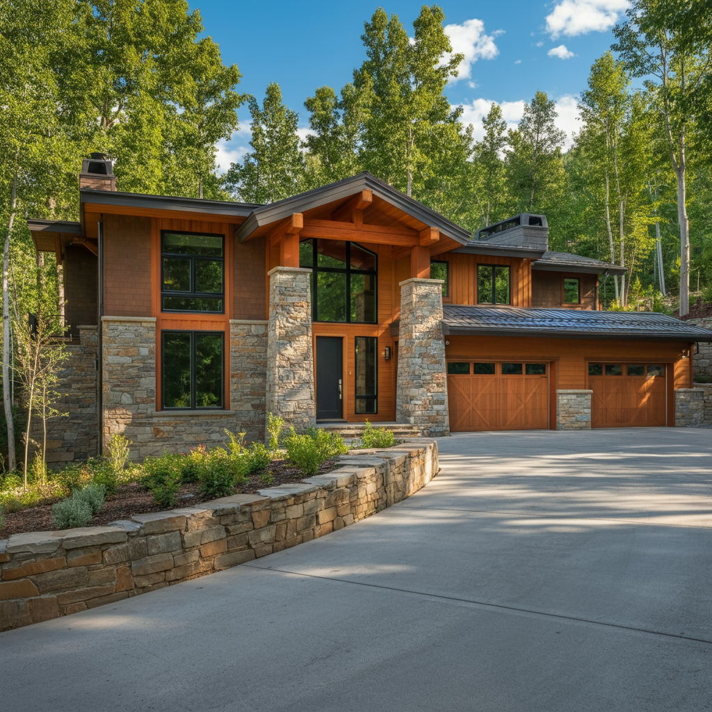 A photographic style image of A modern mountain home with floor-to-ceiling windows and natural stone accents, perfectly integrated into its forested hillside setting. Native landscaping surrounds the curved driveway. high focus, sharp, lots of bright light, extra bright, highly detailed, high quality, dslr, film grain, fujifilm XT3, RAW photo, RAW candid cinema, color graded porta 400, depth of field, hyper realistic, natural-looking, expressive, textured skin, texture, 8k, photorealistic